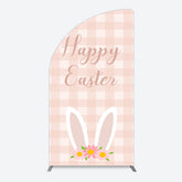 Lofaris Light Pink Plaid Floral Bunny Ear Easter Half Moon Arch Backdrop